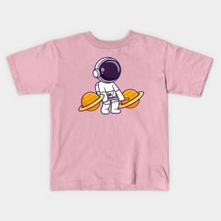 Cute Astronaut Lifting Planet Barbell Cartoon Kids T-Shirt